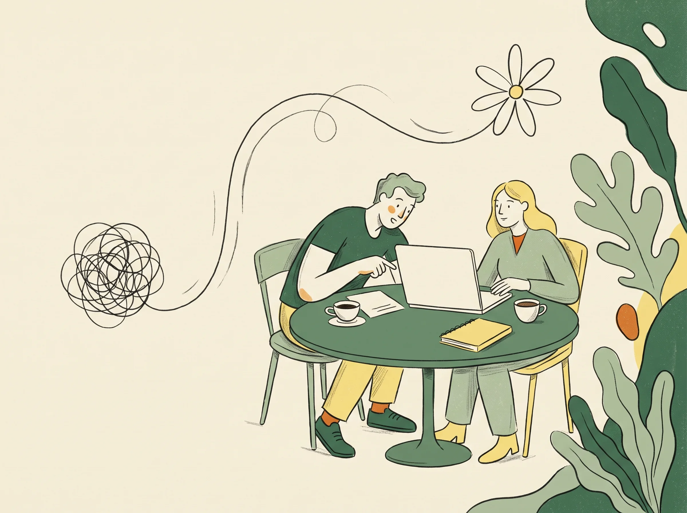 Two people learning together over a laptop, with a tangled line opening into a flower.